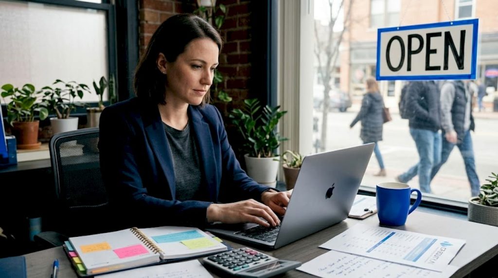 Small business owner researches funding at her desk