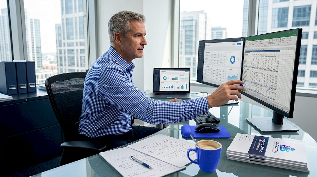 Analyst reviews property underwriting at office desk