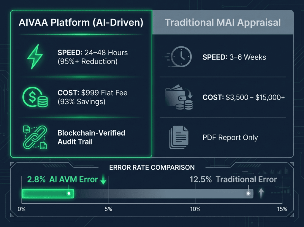 AIVAA AI-driven collateral valuation vs. traditional MAI appraisal — comparative analysis
