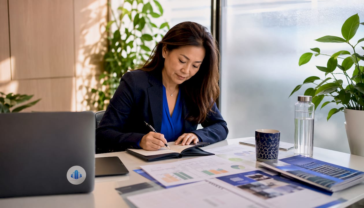 Advisor hands writing near credit score charts