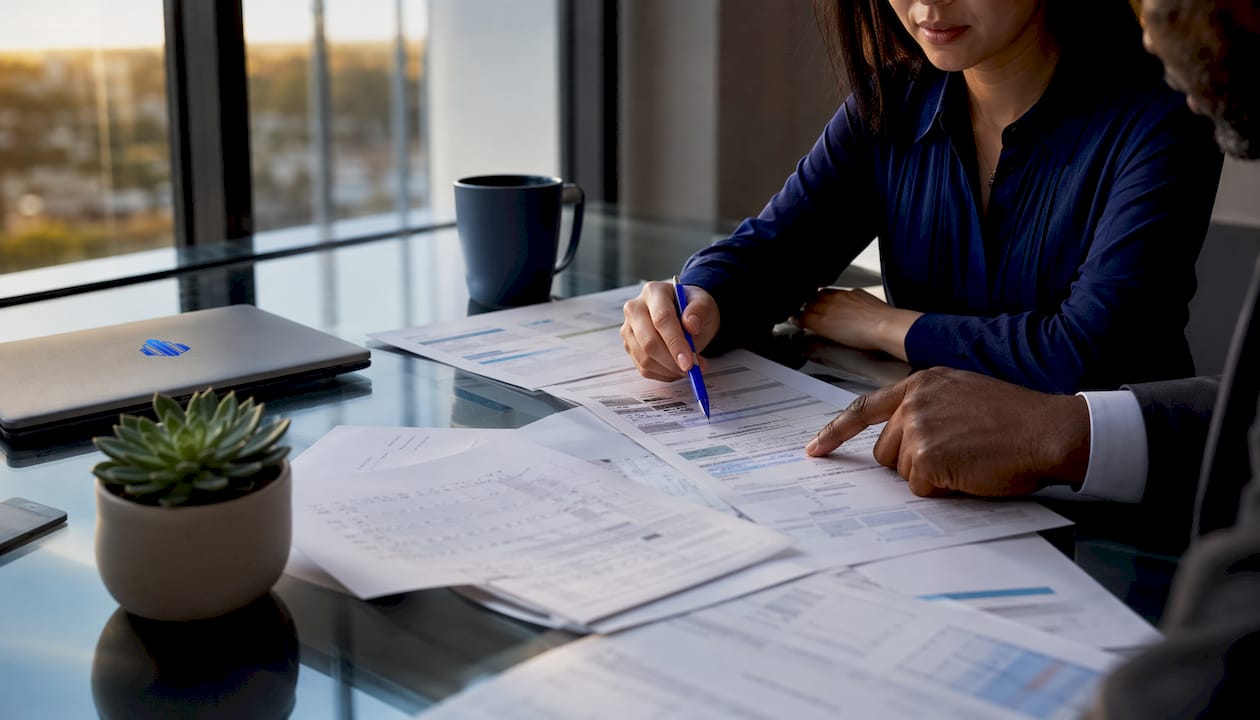 Close-up of hands working on invoices and finances