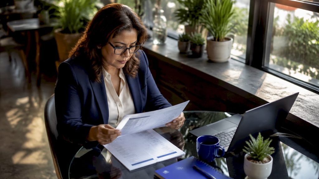 Businesswoman reviewing financial documents at desk