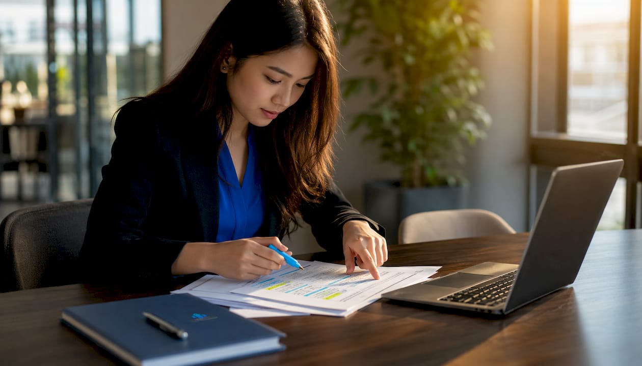 Close-up of hands reviewing credit and bank reports