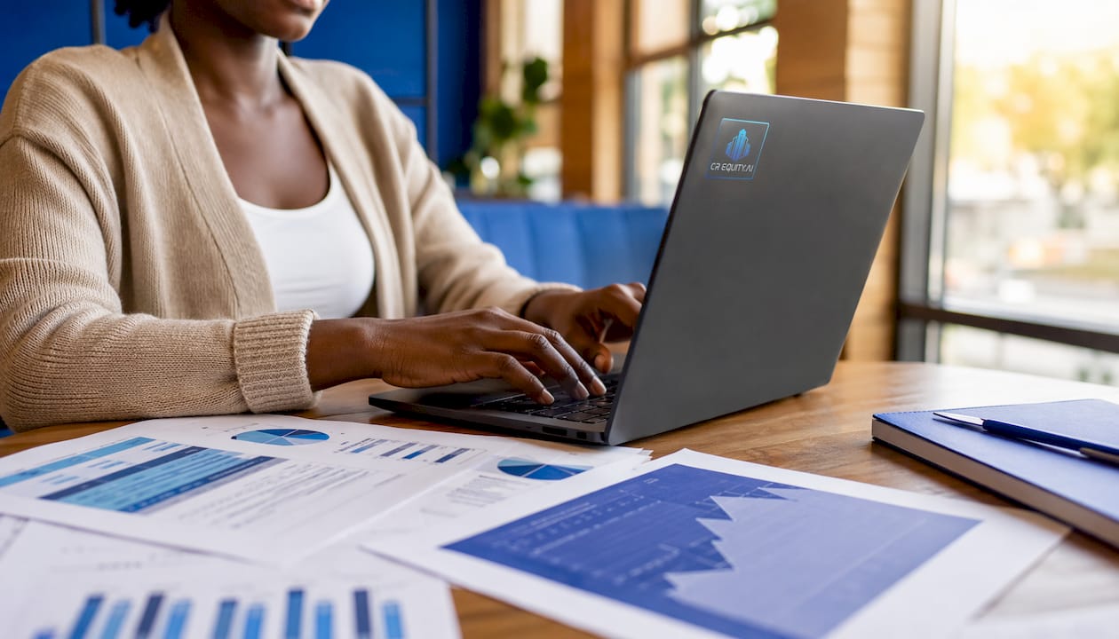 Hands typing on laptop with risk analysis documents