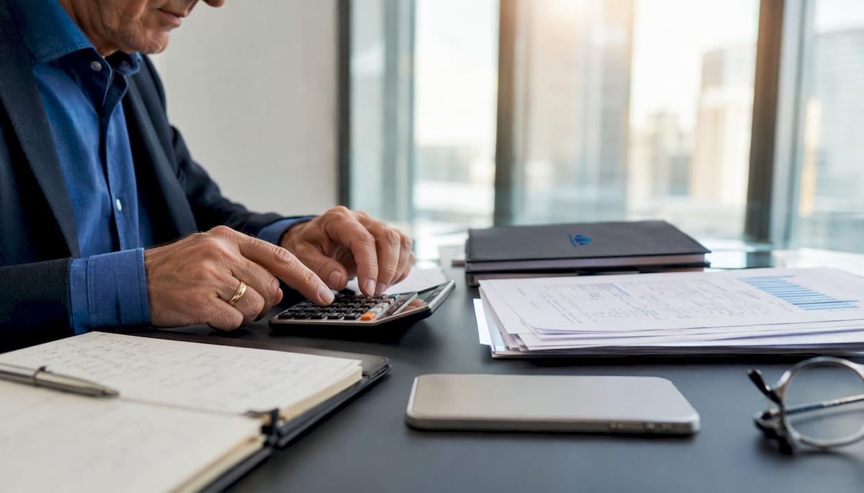 Hands calculating financial figures at desk