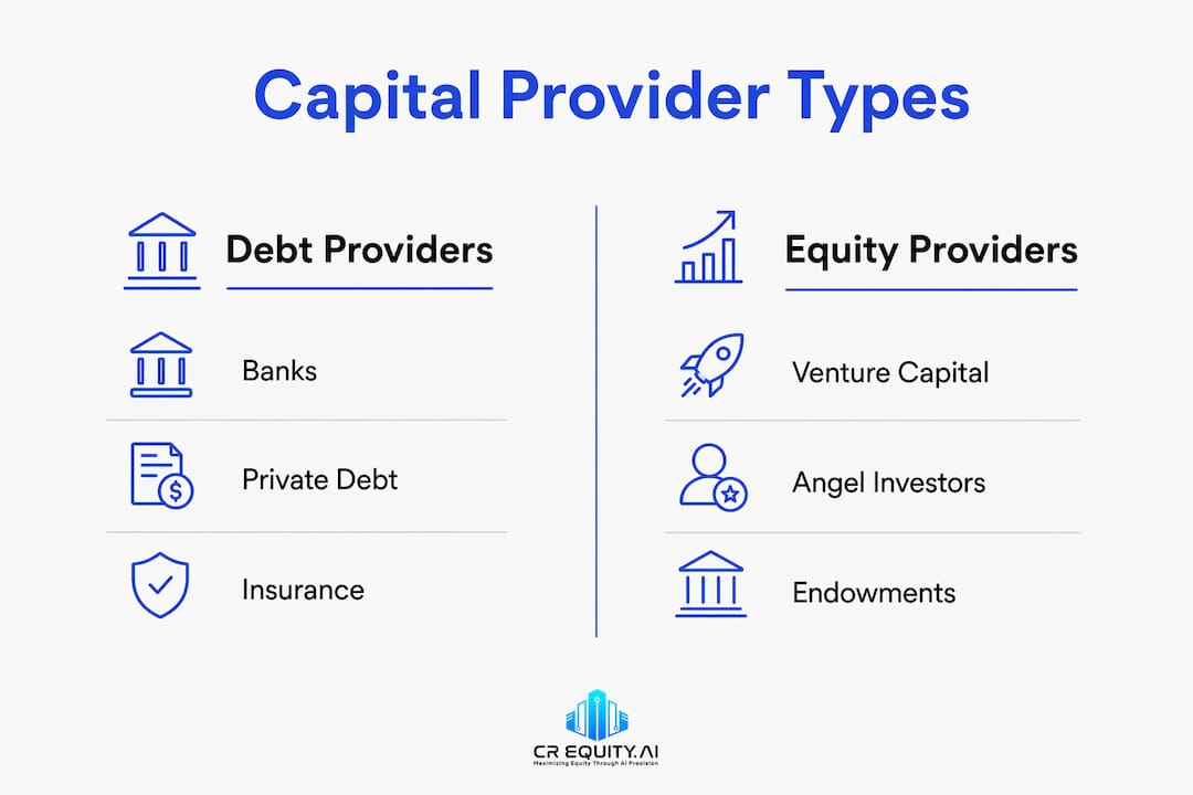 Infographic comparing debt and equity capital providers