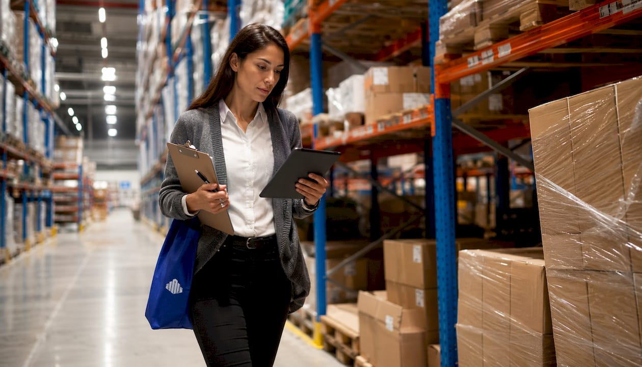 Field auditor inspecting business inventory in warehouse