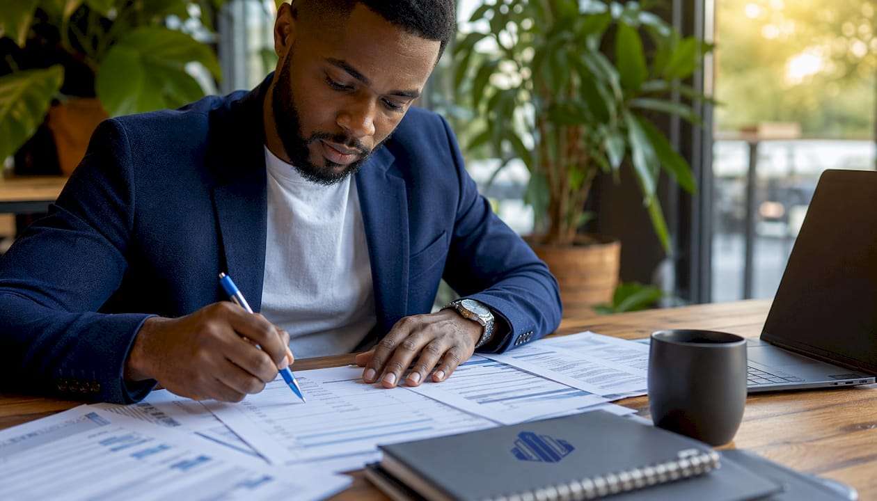 Investor checking financial documents at home desk