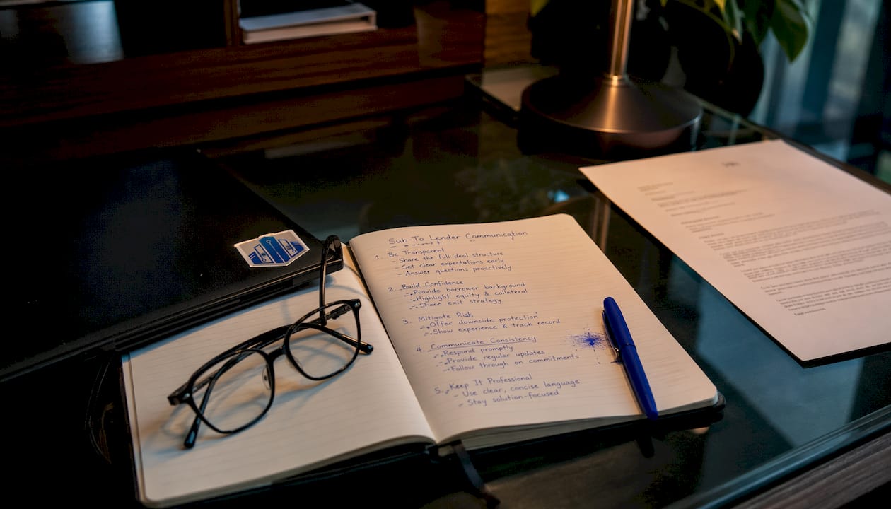 Overhead view of lender communication materials on desk