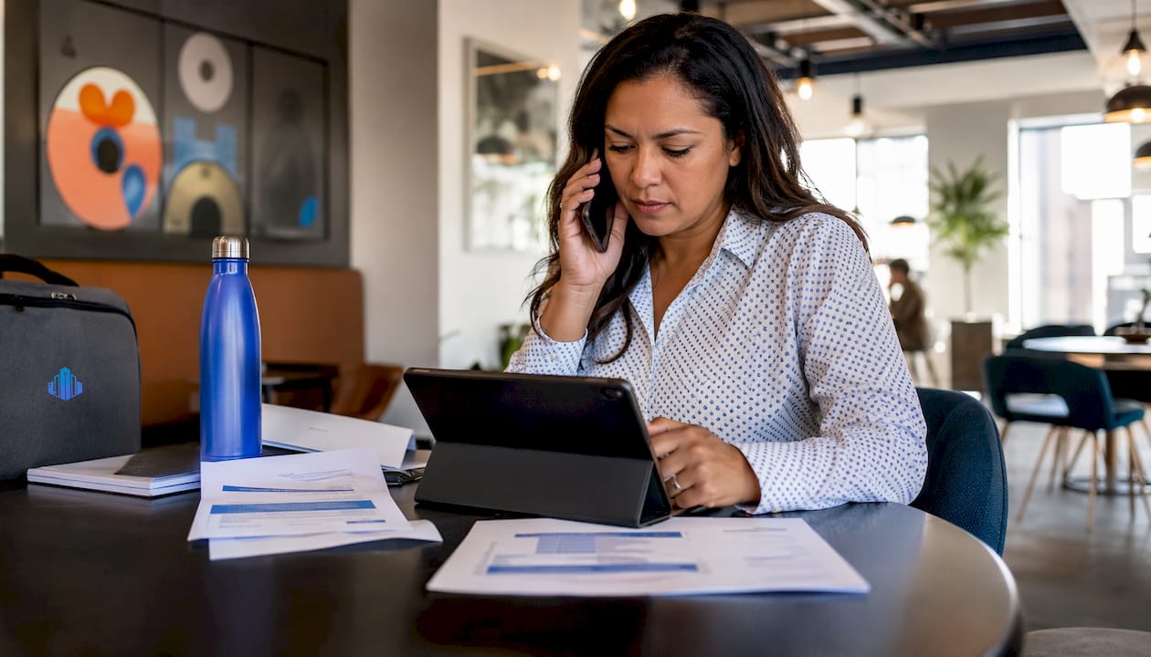 Lender speaking on phone reviewing loan documents