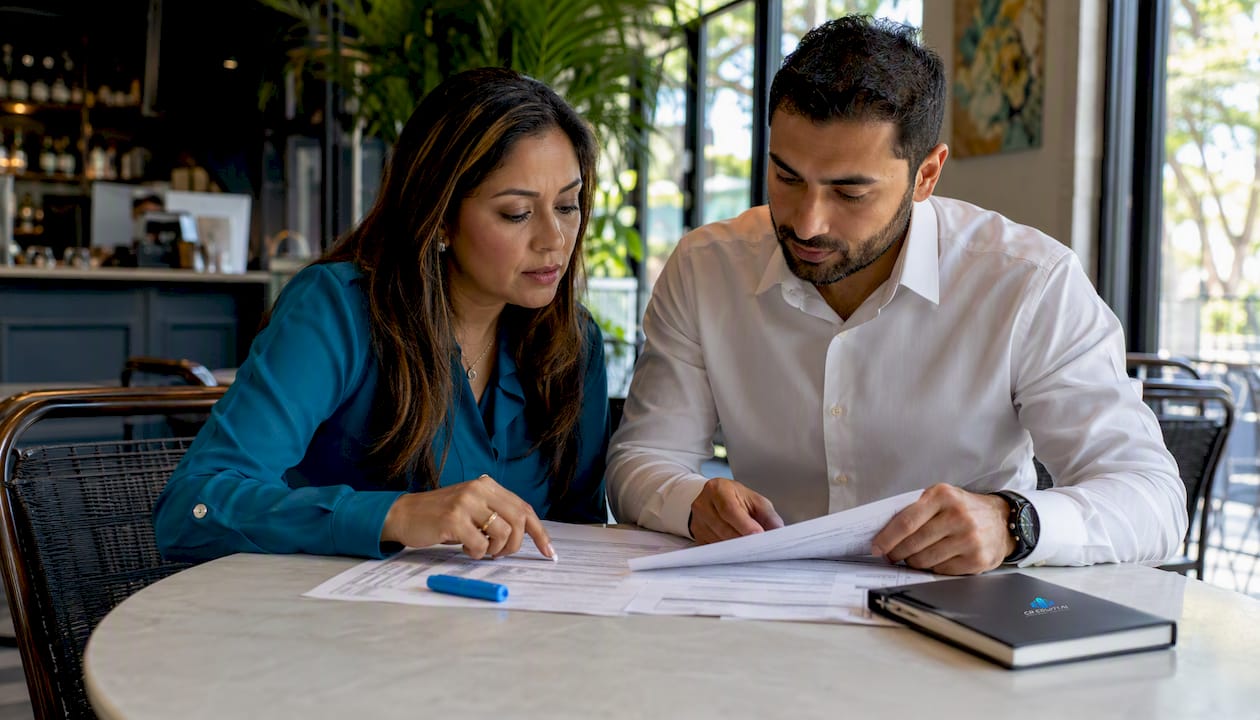 Two professionals reviewing compliance documents at office desk