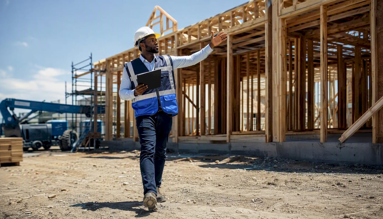 Construction manager inspecting framing progress