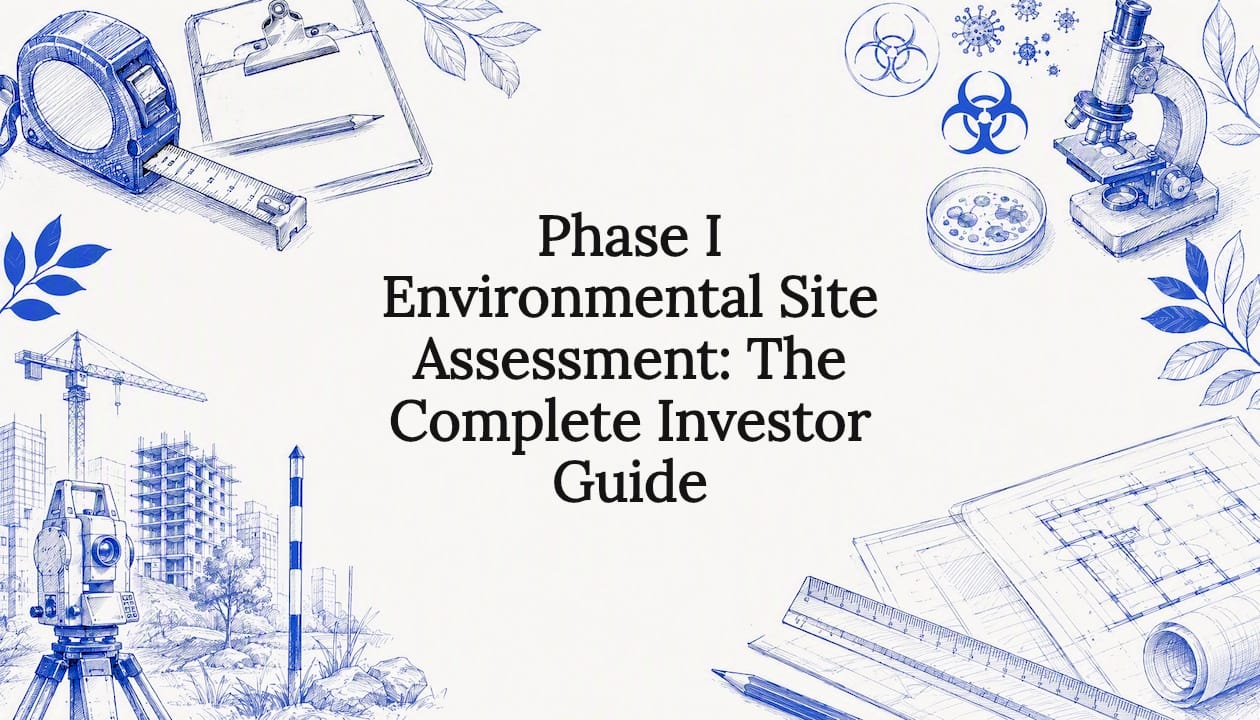 Decorative title card illustration of environmental site symbols and tools