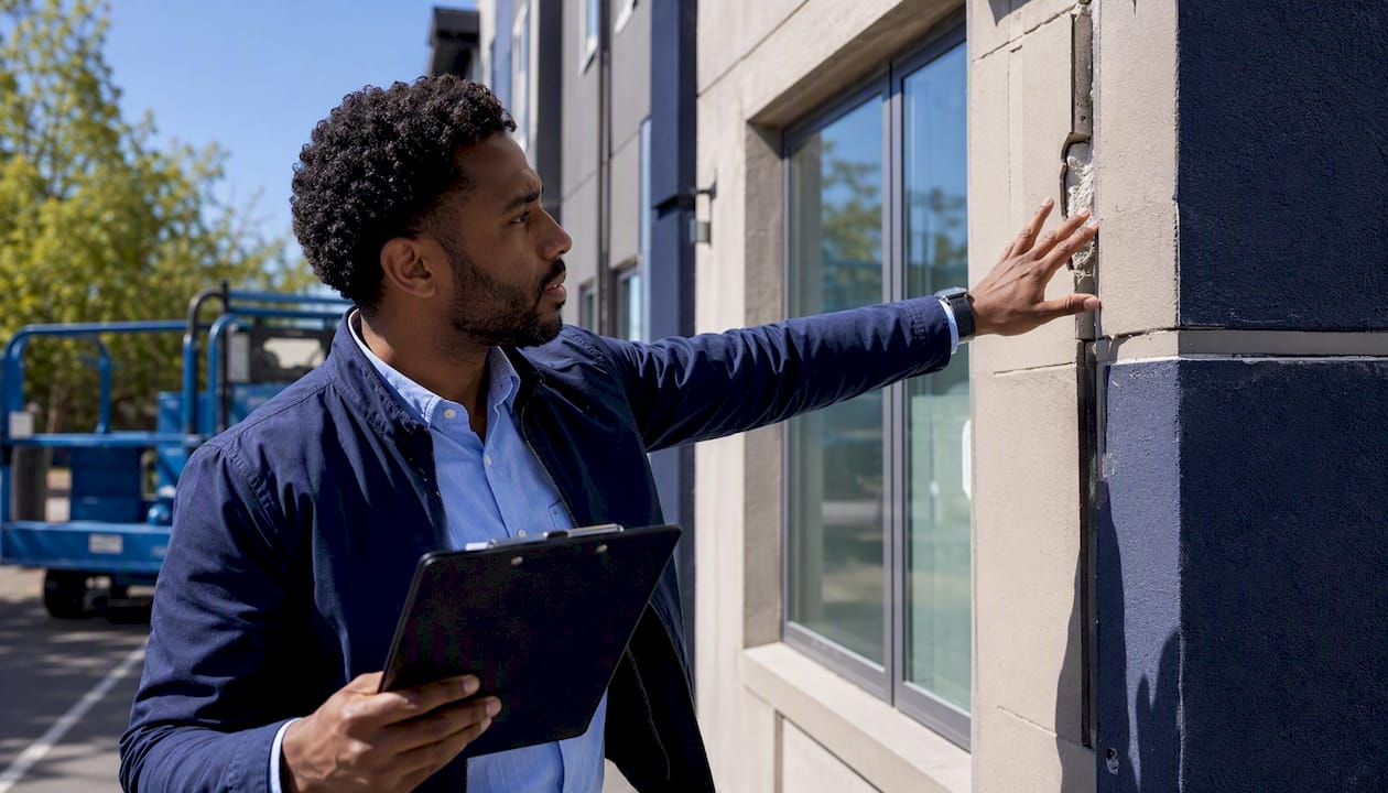 Professional inspecting multifamily property exterior