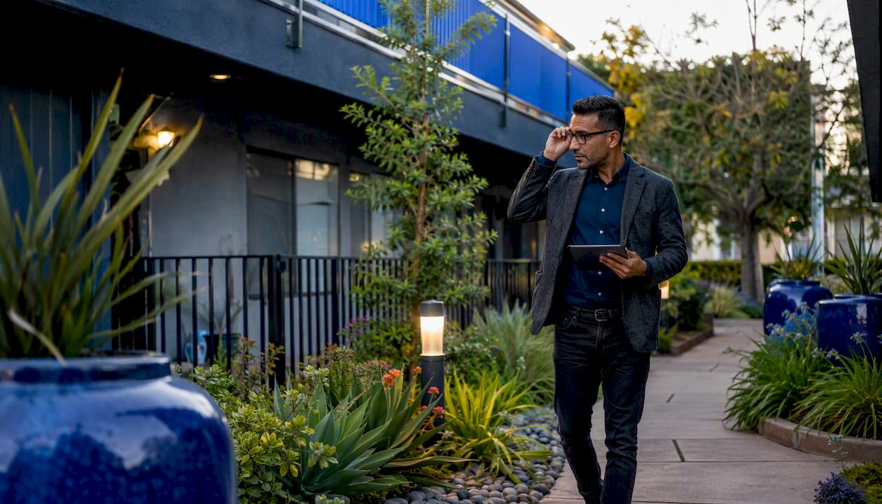 Investor inspecting multifamily property in daylight