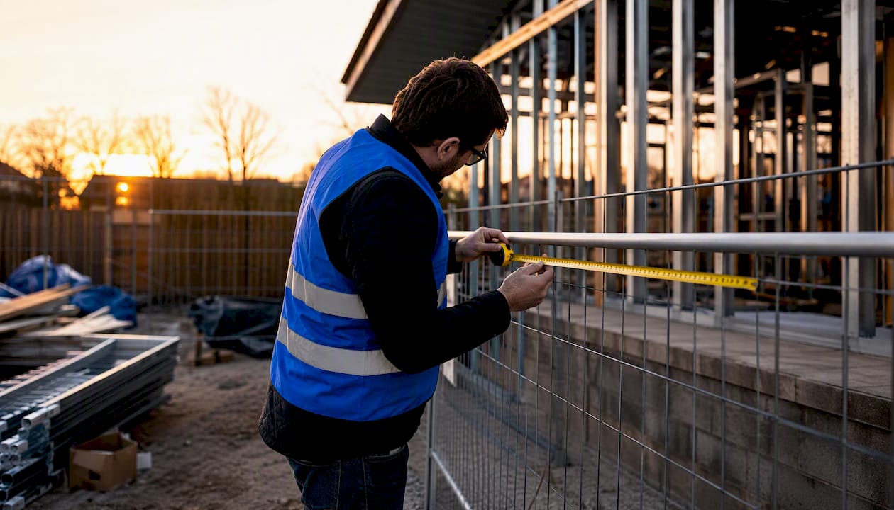 Investor measuring wall on renovation site
