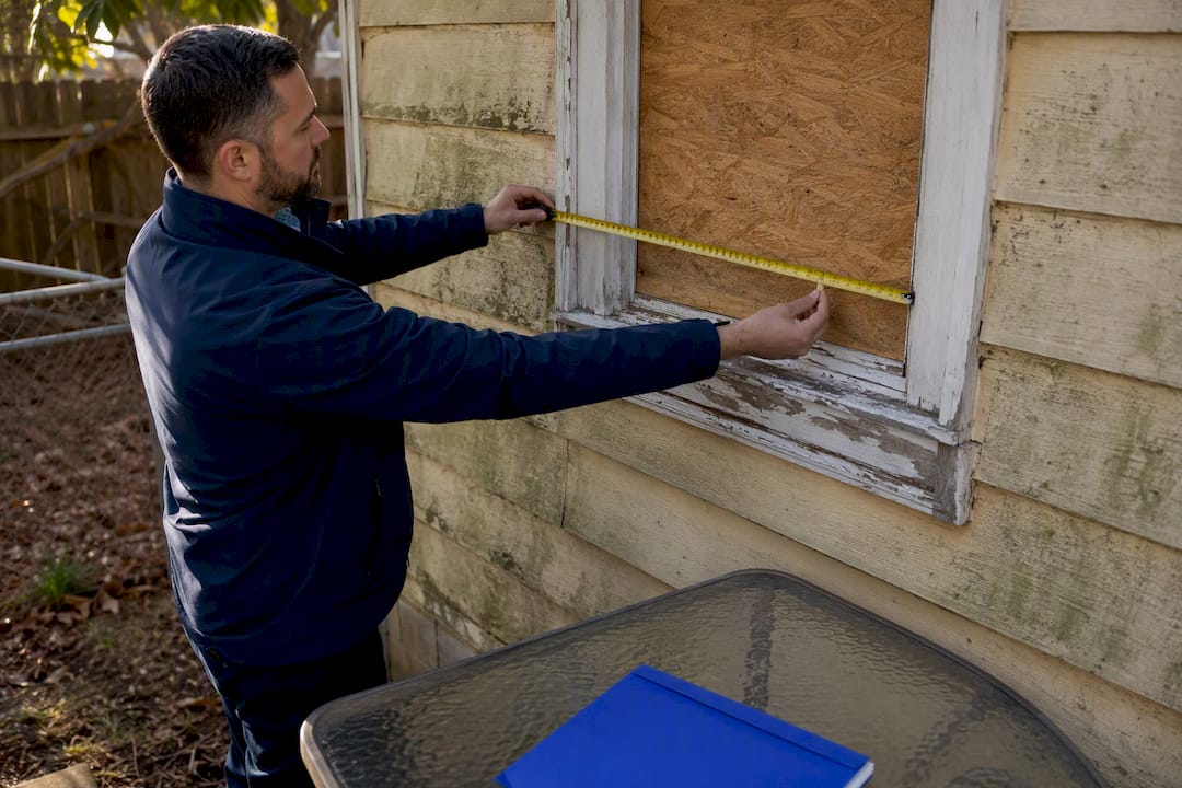 Investor measuring distressed property window