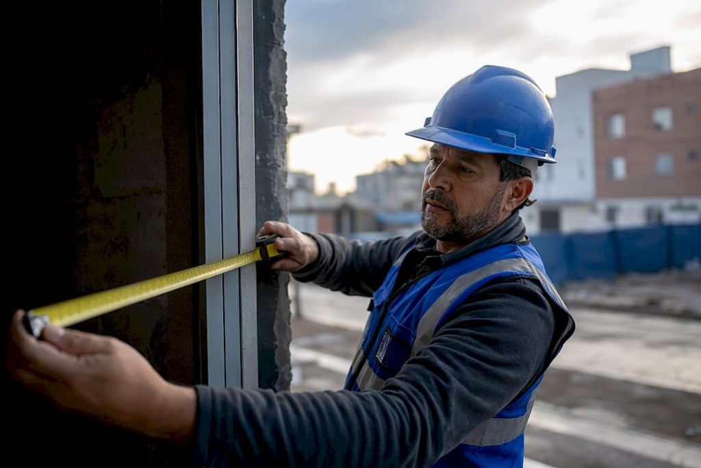 Investor measuring building facade at commercial site