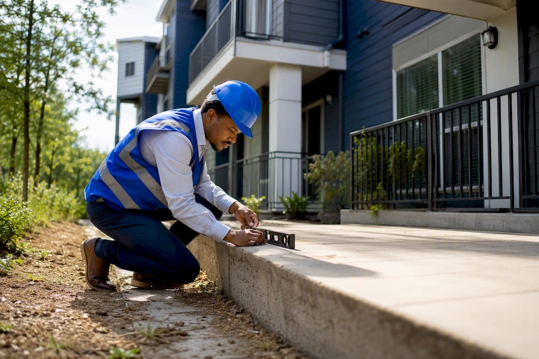 Lender inspecting property structure with level tool