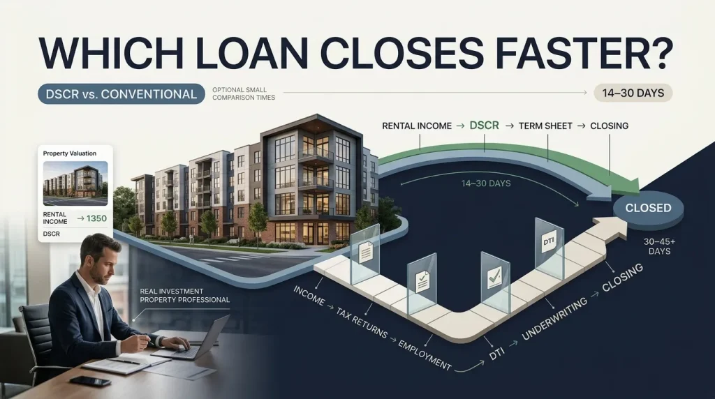 DSCR vs. conventional investment property loans, comparing qualification requirements, underwriting speed, and typical closing timelines for real estate investors in 2026.