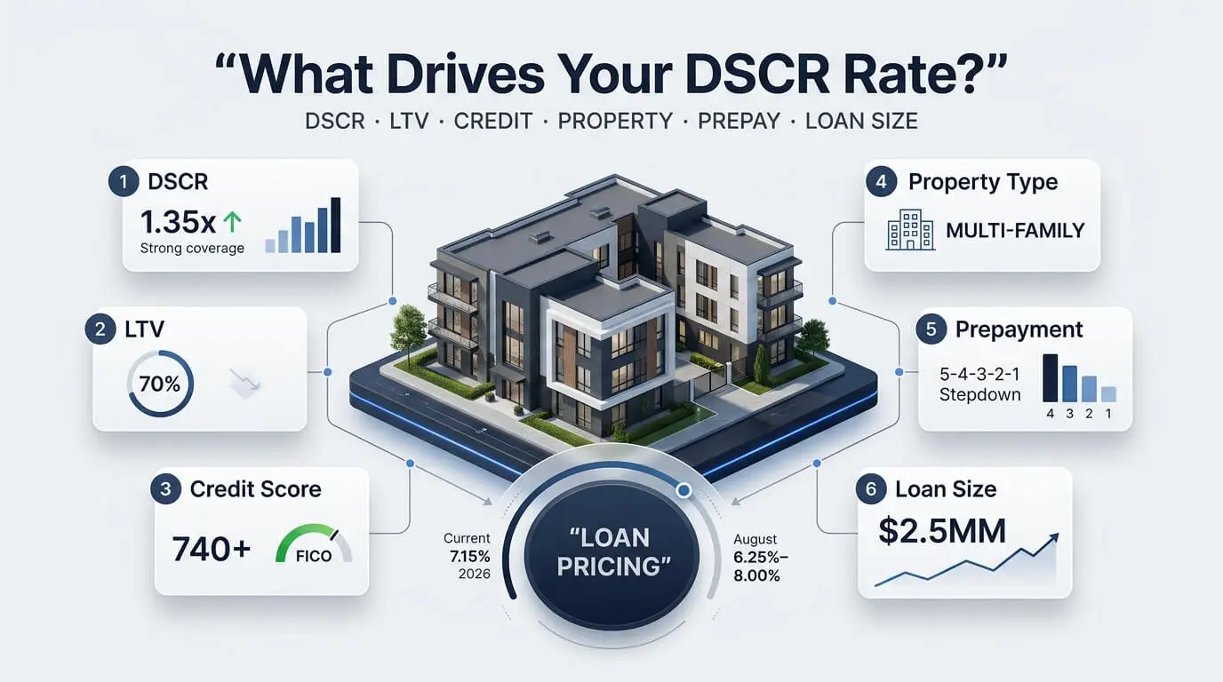 DSCR loan rates explained, including key factors that determine commercial real estate loan pricing in 2026.