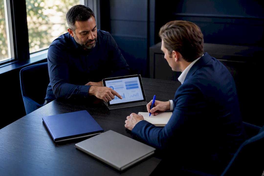 Owner and advisor comparing small business financing
