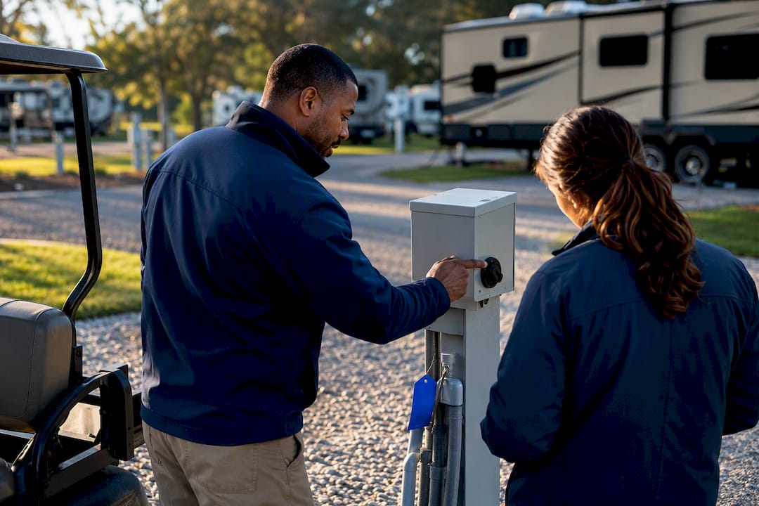 Professionals inspecting RV park utility equipment