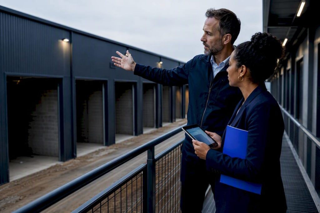 Developers, Avoid Lease Up Risk: 4 Self Storage Financing Paths 3 Developer and lender reviewing storage construction site