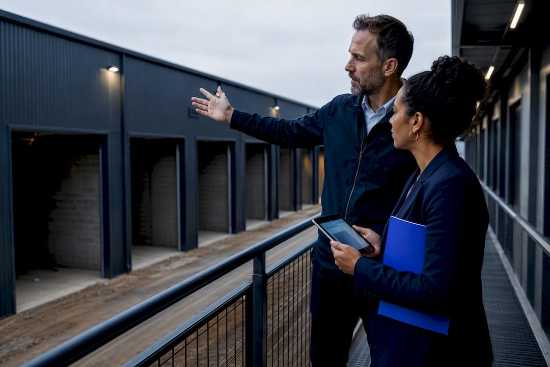 Developer and lender reviewing storage construction site