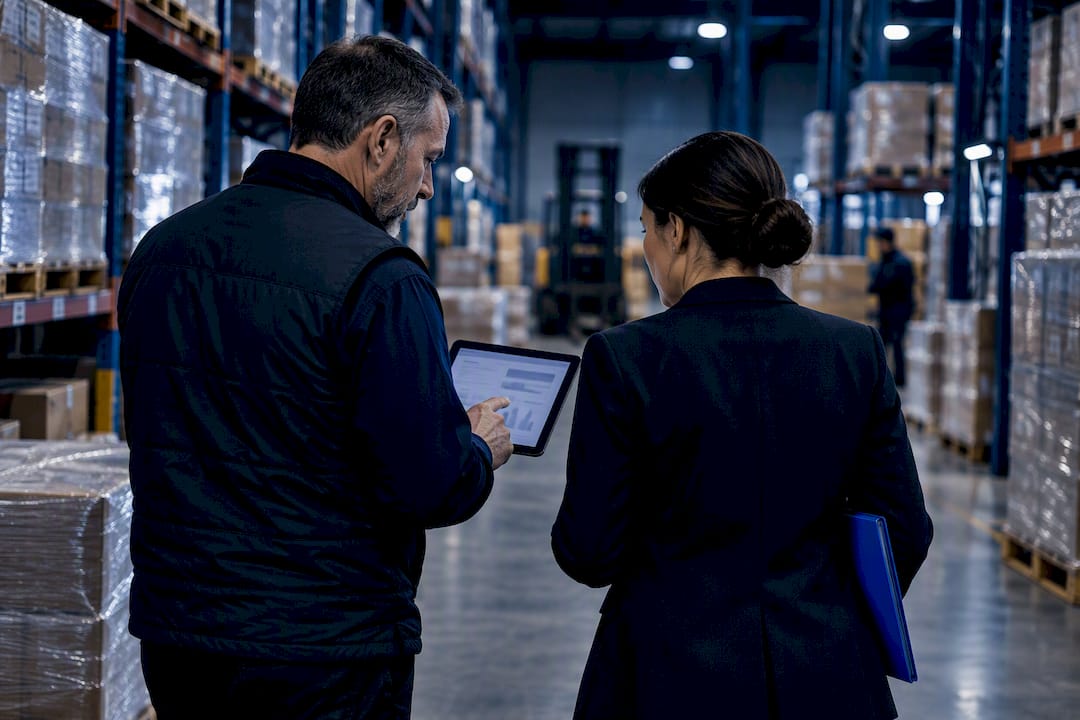 Field examiner checking warehouse inventory