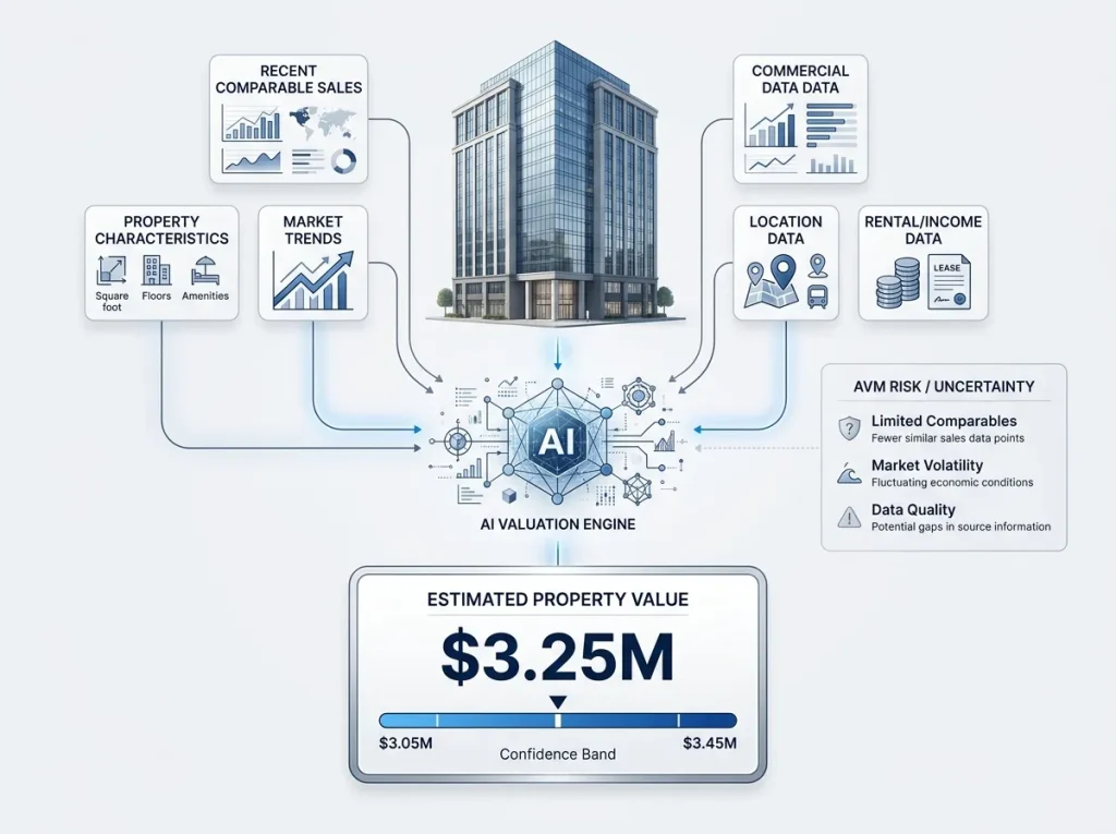 Automated Valuation Models: Accuracy, Confidence Bands & AVM Risk 4 Automated valuation models showing AI property valuation, confidence bands, and AVM risk