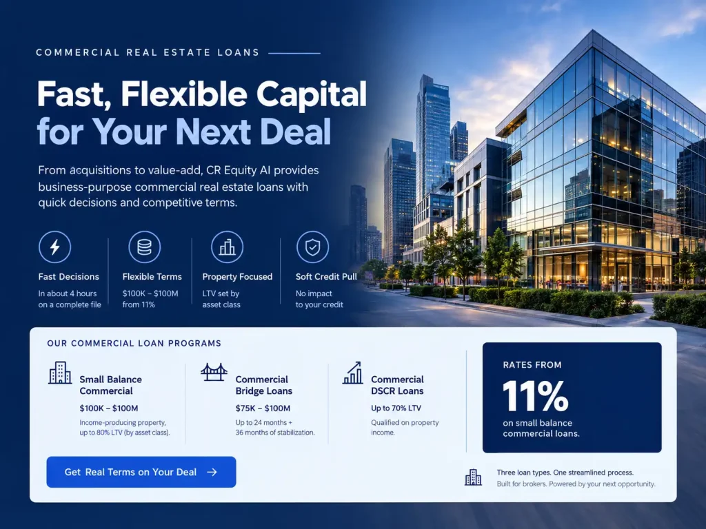Commercial Real Estate Loans: Types, Requirements and How CR Equity AI Lends 4 Commercial real estate loans for multifamily, retail and industrial property with LTV and DSCR requirements