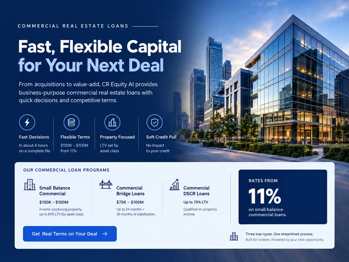 Commercial real estate loans for multifamily, retail and industrial property with LTV and DSCR requirements