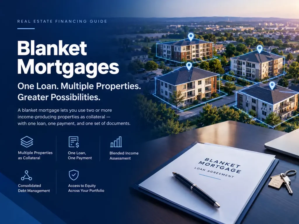 Step-by-step diagram showing how a blanket mortgage cross-collateralizes multiple rental properties under one lender lien