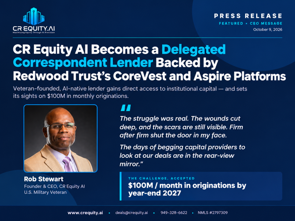Rob Stewart, Founder and CEO of CR Equity AI, announcing delegated correspondent lender relationship with Redwood Trust