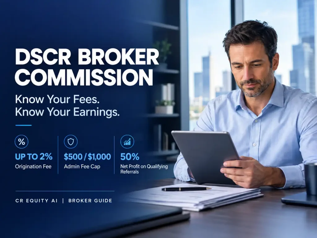 DSCR broker commission fee structure: 2% origination cap, $500 admin fee cap, 50% referral split