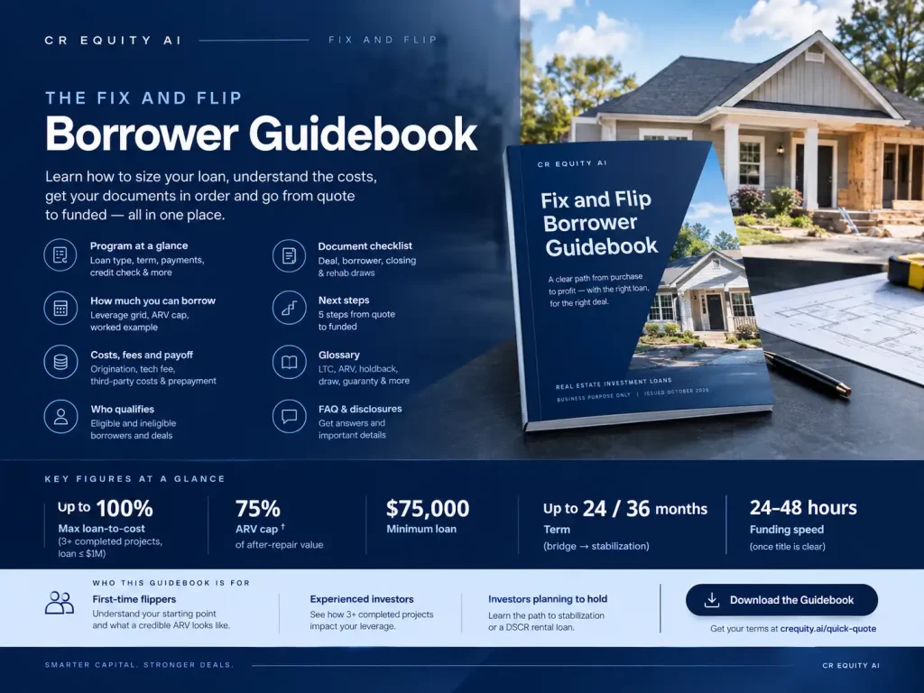 Cover of the CR Equity AI Fix and Flip Borrower Guidebook 2026