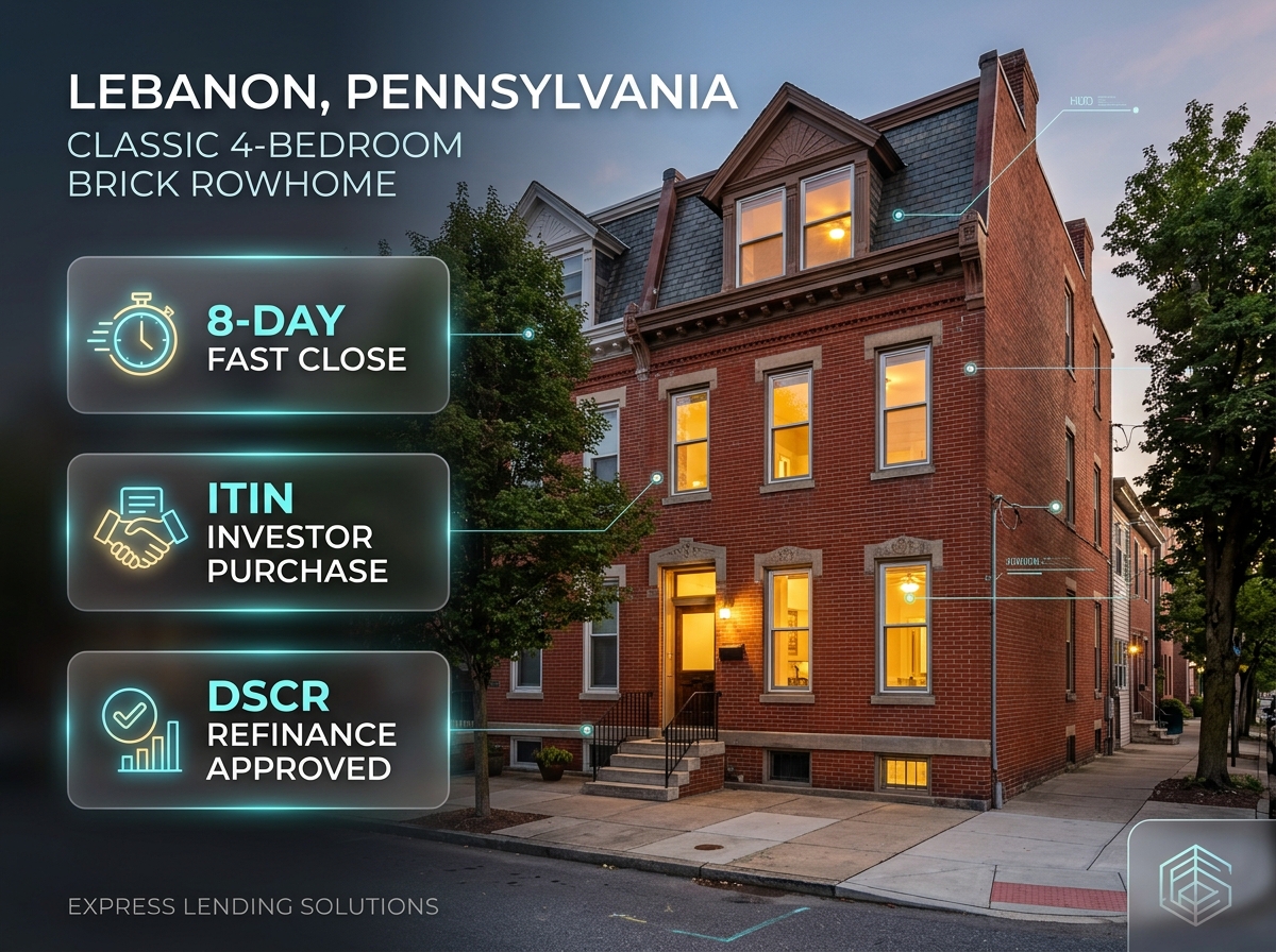 Illustration of a brick rowhome with a CLOSED sign representing a DSCR loan for an ITIN borrower funded in Lebanon County, PA