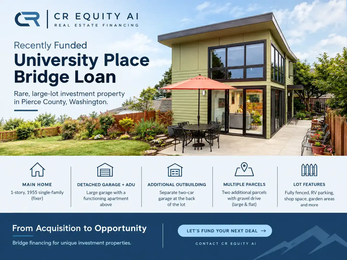 Large flat lot with detached garage and ADU in University Place, WA, funded by CR Equity AI bridge loan